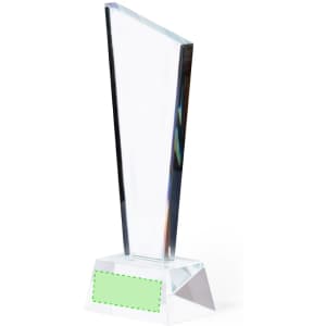 A clear glass trophy with a triangular shape and a solid base, featuring a branding logo at the bottom.