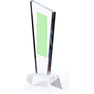 A clear crystal trophy with a green area for engraving, featuring a geometric design and a square base.