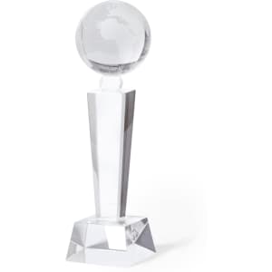 A clear crystal trophy featuring a globe design on top of a faceted base.
