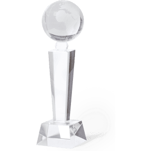 A clear crystal trophy featuring a globe atop a geometric base, showcasing a polished and elegant design.
