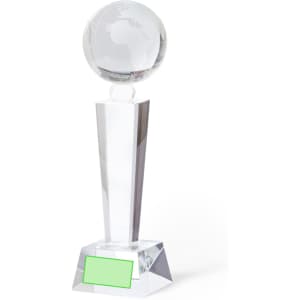 A clear crystal trophy with a globe atop a geometric base. It has a blank plate for engraving at the front.