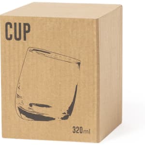 A glass cup in a cardboard box, featuring a minimalist design illustration and a logo. The cup is transparent.