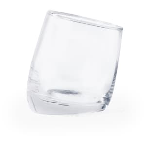 A clear glass tumbler with a tilted design, featuring a smooth surface and a subtle base.