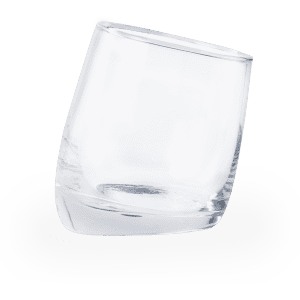 A clear, angled glass cup with a sturdy base and a smooth surface, featuring a branding logo.
