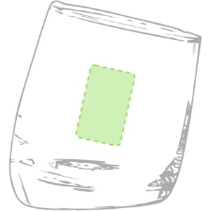A glass tumbler with a smooth design and a green rectangular area for branding or decoration.