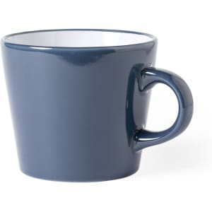 A coffee mug in navy blue with a glossy finish and a curved handle, featuring a logo.