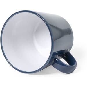 A coffee mug in navy blue with a contrasting white interior and a curved handle. It features a branding logo.