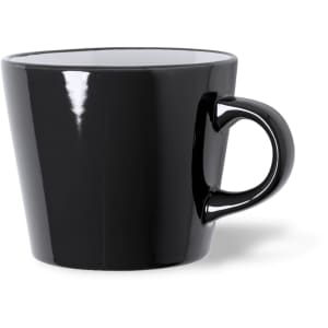 A black ceramic coffee mug with a smooth finish and a curved handle, featuring a subtle logo.