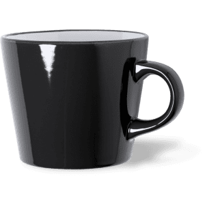 A black coffee mug with a glossy finish and a unique handle design.