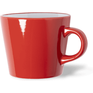 A red coffee mug with a glossy finish and a curved handle. It features a simple design and a white interior.