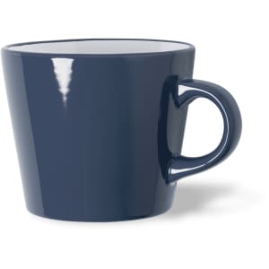 A navy blue coffee mug with a glossy finish and a curved handle. It has a simple, modern design.