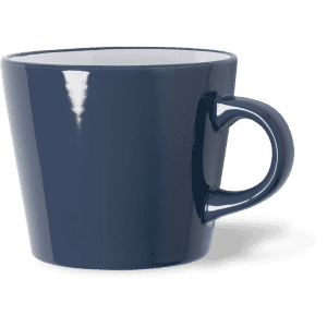 A navy blue coffee mug with a smooth finish and a curved handle. The interior is white and it features a logo.
