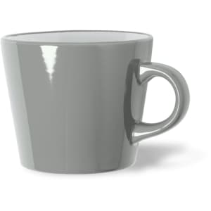 A grey coffee mug with a glossy finish and a curved handle, featuring a simple, modern design.