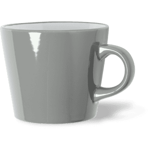 A grey coffee mug with a glossy finish and a single handle, featuring a logo on the side.