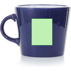 A coffee mug in navy blue featuring a blank green area and a distinctive handle.