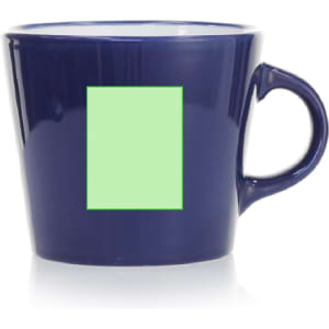 A navy coffee mug with a green panel on the side and a comfortable handle.