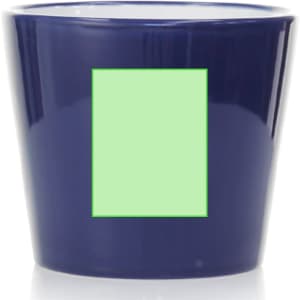 A coffee mug in navy blue with a square area for customisation. It features a logo on one side.