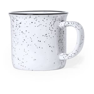 A coffee mug in white with black speckles and a contrasting black rim, featuring a handle and a logo.