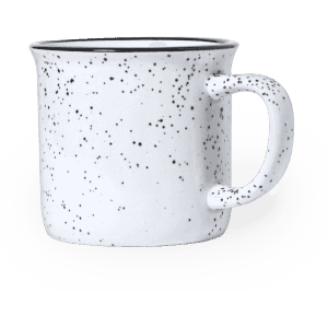 A white speckled coffee mug with a rounded shape and a sturdy handle. It has a contrasting dark rim.