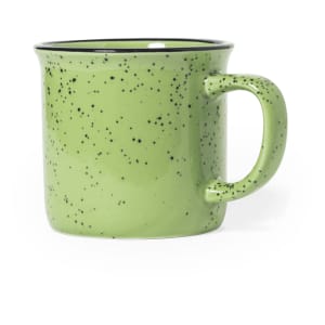A speckled green coffee mug with a rounded shape and a sturdy handle.