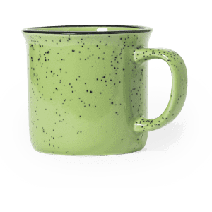 A green speckled ceramic coffee mug with a sturdy handle, featuring a contrasting rim. It has a simple, rustic design.