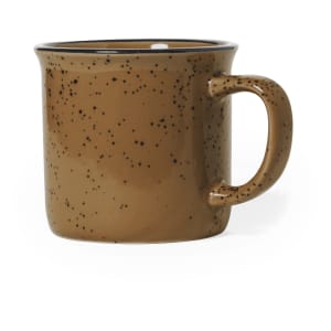 A brown speckled ceramic coffee mug with a sturdy handle and a smooth rim. Includes a branding logo.
