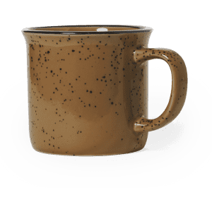 A coffee mug in a speckled brown finish with a round body and a sturdy handle. It features a logo on the side.