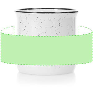 A coffee mug in white with black speckles and a black rim, featuring a logo on the front.