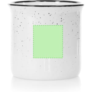 A coffee mug in white with black speckles and a black rim. It features a placeholder for a logo or design.