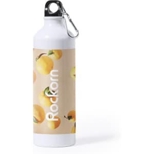A drink bottle in white with a vibrant fruit design and a metal carabiner clip, featuring a branding logo.