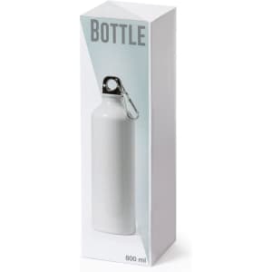 A drink bottle in white, displayed in a boxed packaging, with a metal clasp for easy handling.