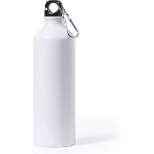 A drink bottle with a sleek white finish and a silver clip for easy attachment. It features a logo on the body.