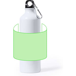 A drink bottle in white with a metal cap and a carabiner, featuring a blank green area for customization.