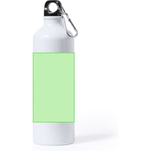 A drink bottle in white with a green area for design and a black cap featuring a carabiner.