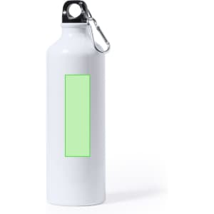 A drink bottle in white, featuring a green blank area for customisation, with a black clip and cap.