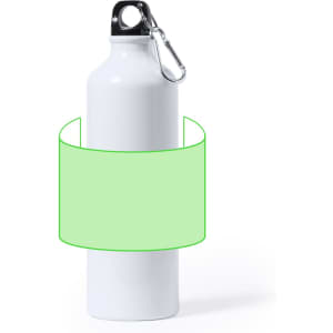 A drink bottle in white featuring a carabiner and a blank green label around the middle.