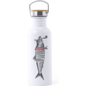 A drink bottle in white with a playful illustration of a fish wearing a striped shirt and a cap. It features a metal lid and handle.