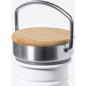 A drink bottle featuring a white body and a bamboo lid with a stainless steel handle.