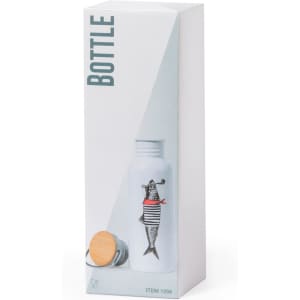 A drink bottle in a white box featuring a fish illustration wearing a striped shirt and red scarf. It has a wooden cap.