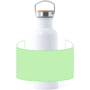A drink bottle with a sleek white design, featuring a wood cap and a metal handle, and a space for branding.
