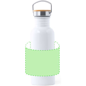 A drink bottle with a sleek white design, a wooden lid, and a logo on the front.