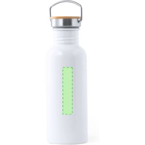 A drink bottle in white with a stainless steel lid and wooden accent, featuring a green dotted area for customization.