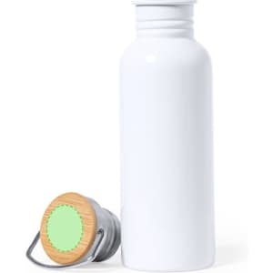 A drink bottle in white with a wooden lid. The bottle features a simple design and includes a logo.