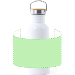 A drink bottle in white with a wooden lid and a circular green label area, featuring a logo.