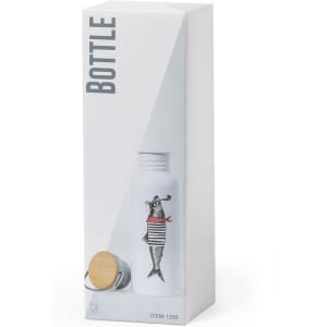 A drink bottle featuring a fish design, with a cork lid, presented in a sleek white box.
