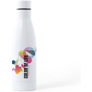A drink bottle in white with a colourful design and a logo, featuring a sleek, modern shape.