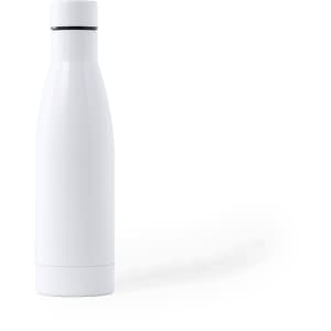 A drink bottle in white with a sleek design and a black lid, featuring branding on the surface.