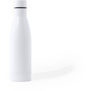 A drink bottle in sleek white design with a black lid, featuring a logo. Ideal for sublimation printing.