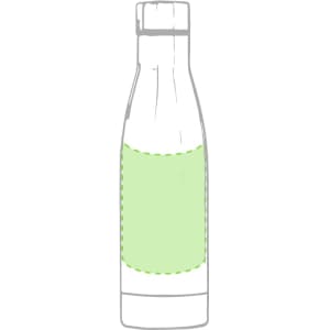 A drink bottle with a sleek stainless steel design, featuring a green section for customisation. It has a logo on the front.