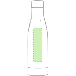 A drink bottle in a sleek design features a blank area for customisation, primarily in a clear and green colour scheme.